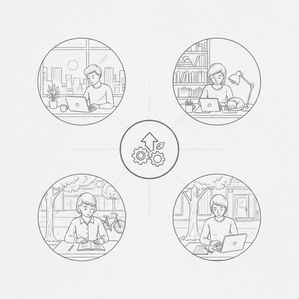 A graphite sketch depicts three individuals working at separate desks linked to a central project icon.