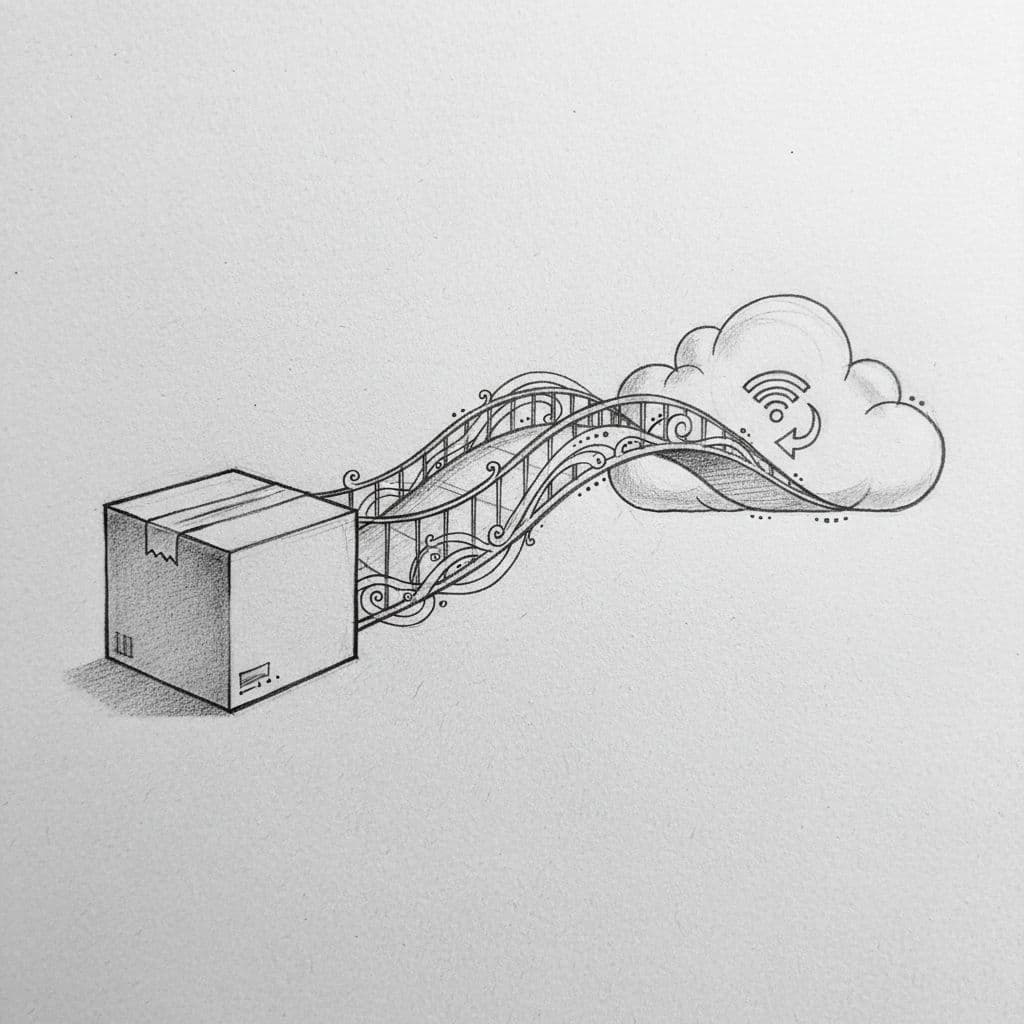 A graphite sketch depicts a bridge connecting a solid square box to a stylized cloud icon.