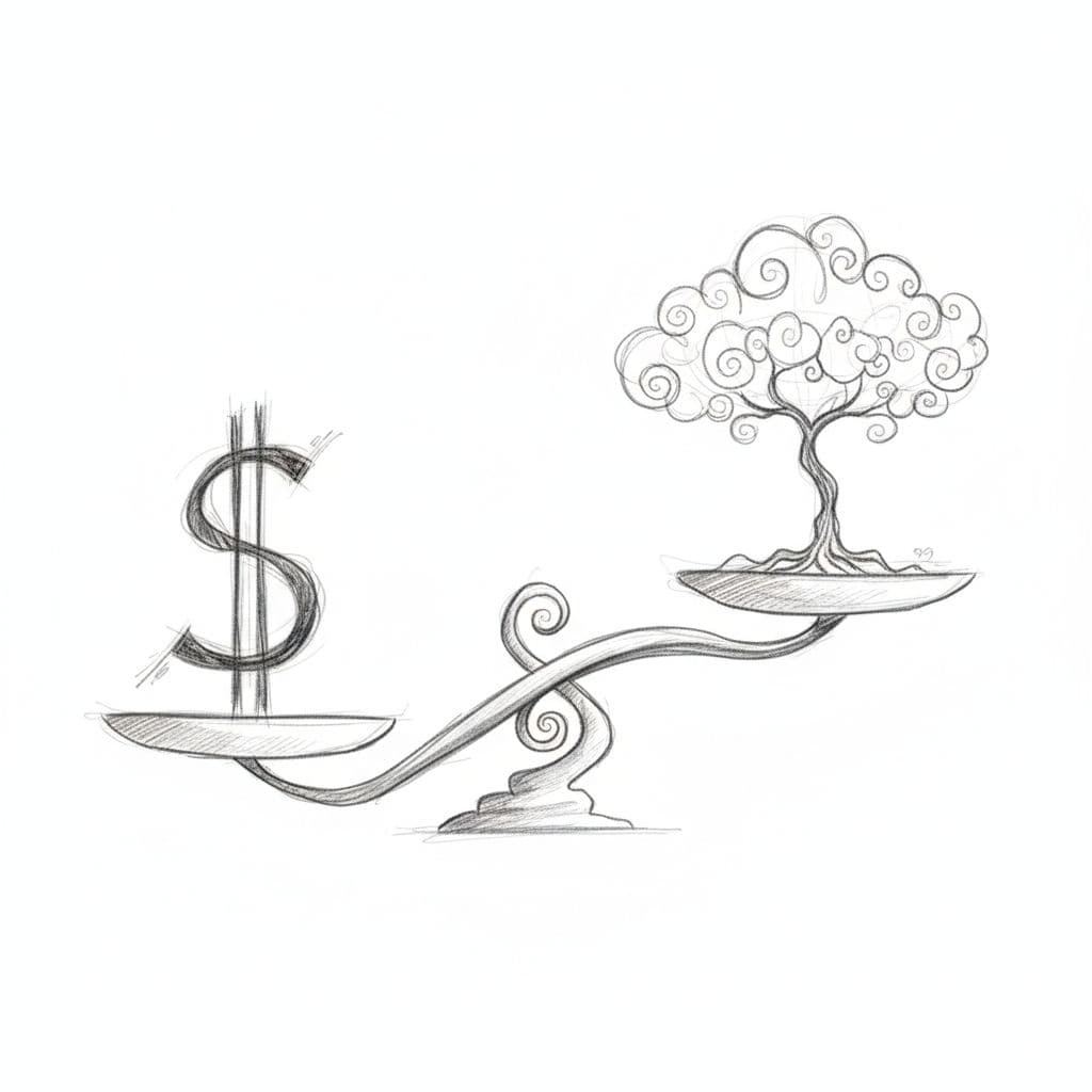 A graphite sketch on clean white paper depicts a balance scale holding a dollar sign symbol on one tray and a lush, stylized tree on the opposite side, rendered with delicate linework.