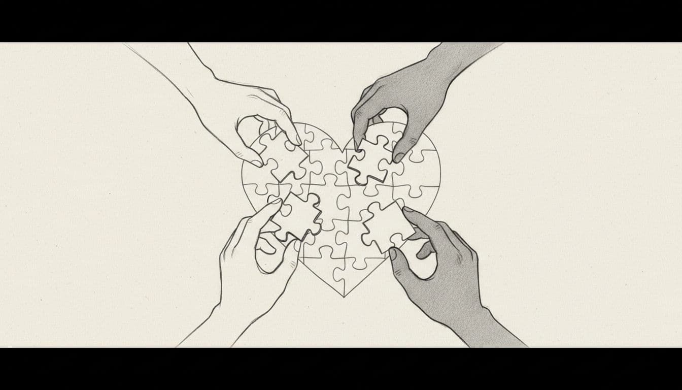 Four hands work together to place the final piece into a heart-shaped puzzle in a clean graphite sketch.