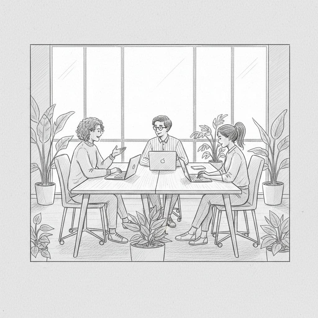 A graphite pencil sketch showing three people working on laptops in a modern open office space.