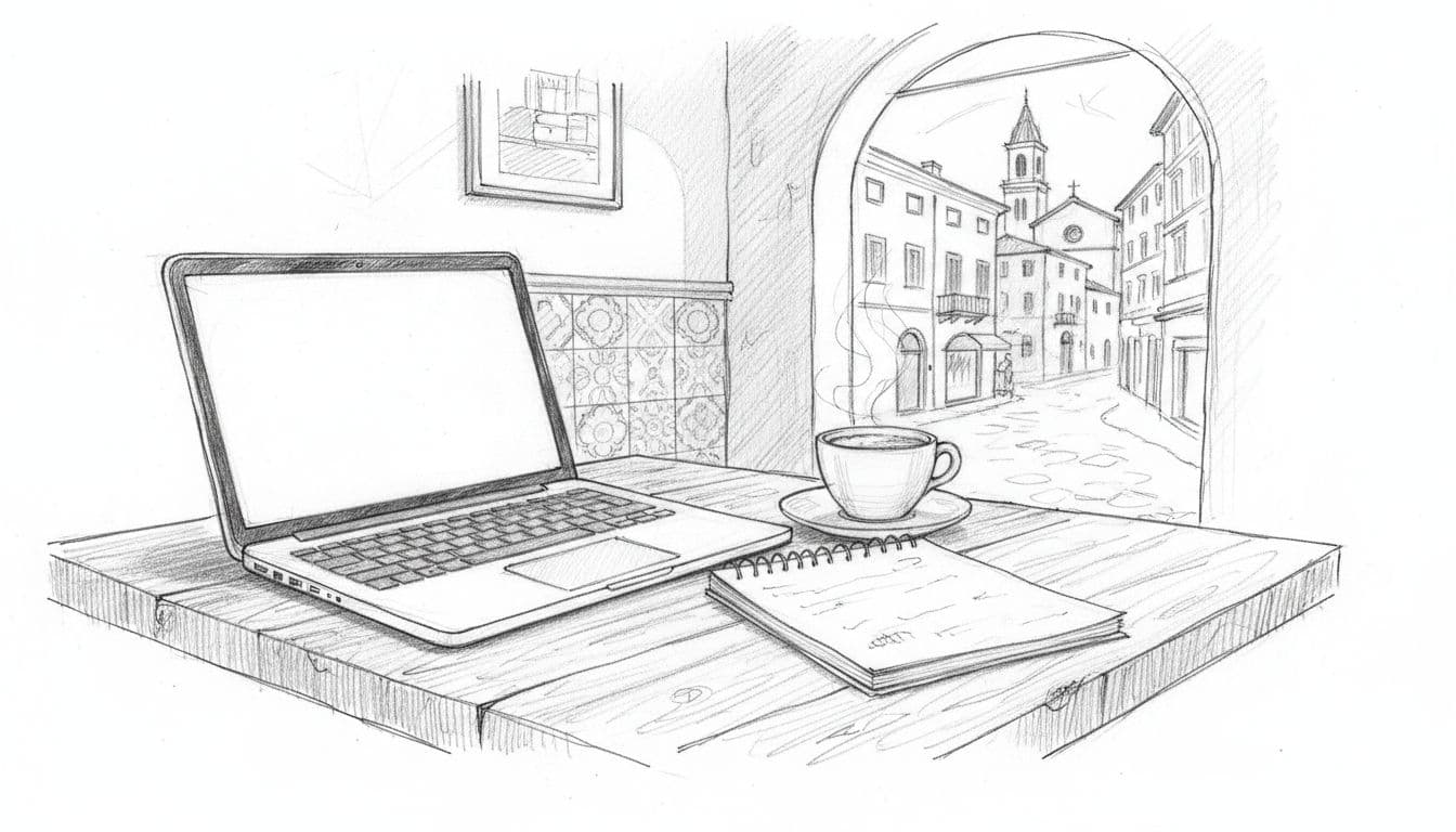 A graphite sketch of a laptop, notebook, and coffee on a table overlooking an Italian street.
