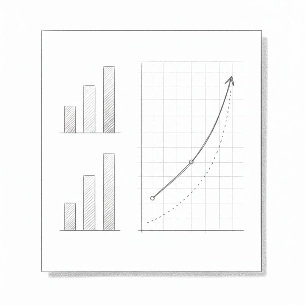 A detailed graphite sketch displays a single corporate document featuring hand-drawn bar charts and an upward trending line graph. Fine pencil linework creates clear data visualizations against a white paper background.