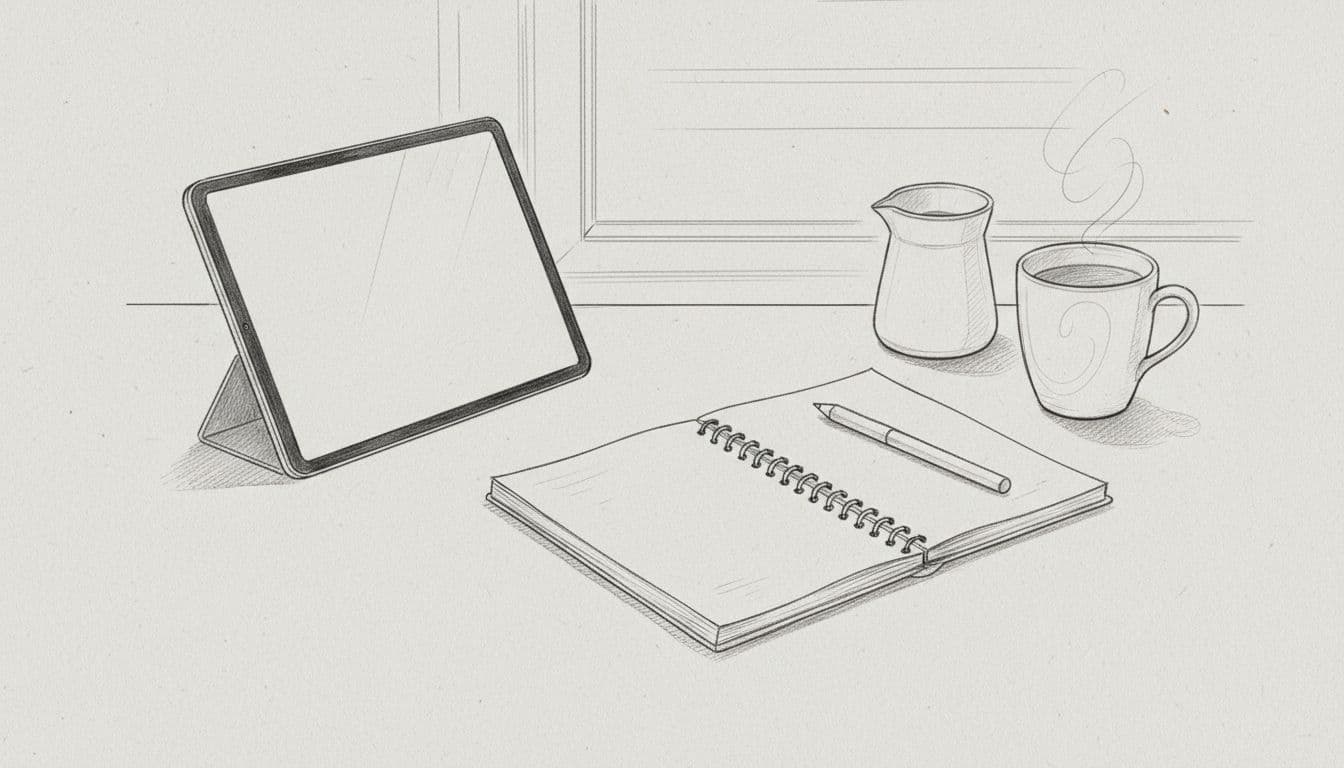 A graphite sketch of a desk featuring a notebook, tablet, and coffee cup on gray paper.