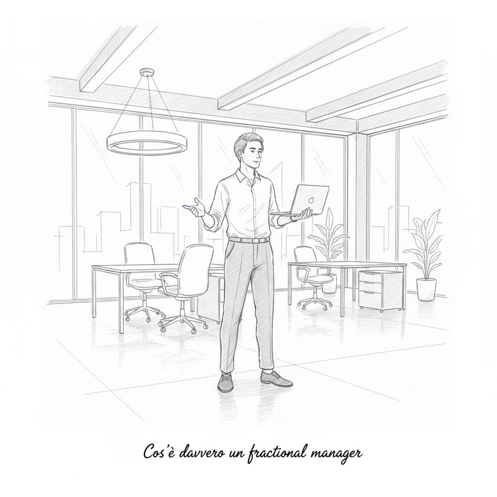 A graphite drawing of a professional standing in a modern open office holding a laptop.
