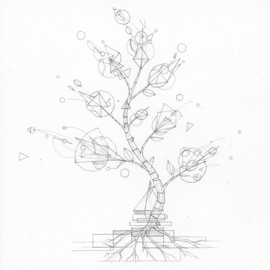 A graphite drawing on paper shows a stylized plant featuring geometric leaves symbolizing innovation.