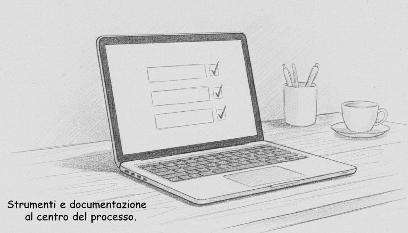 A detailed graphite sketch shows a laptop on a wooden desk displaying a clean task list interface.