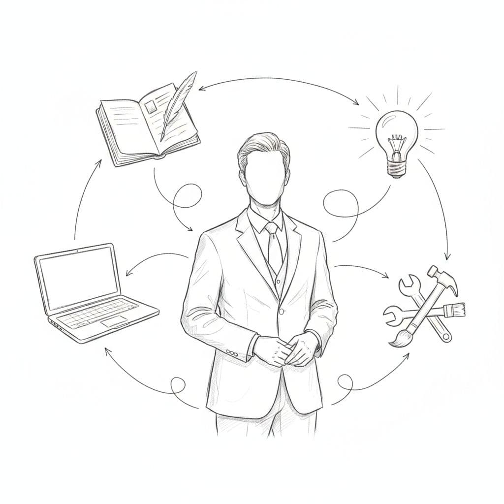 A graphite drawing shows a central figure surrounded by professional symbols like a laptop, notebook, and tools.