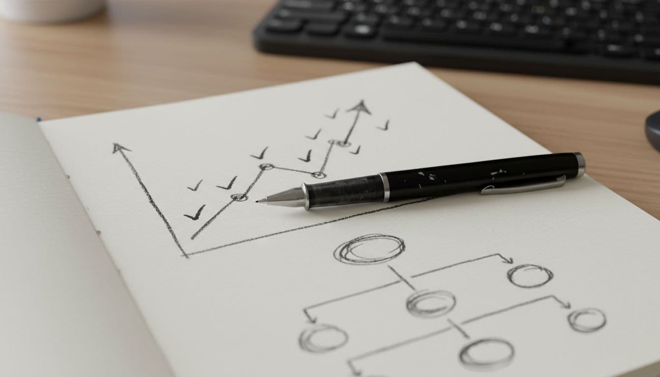 A graphite sketch of a graph with checkmarks drawn on a notebook page with a pen.