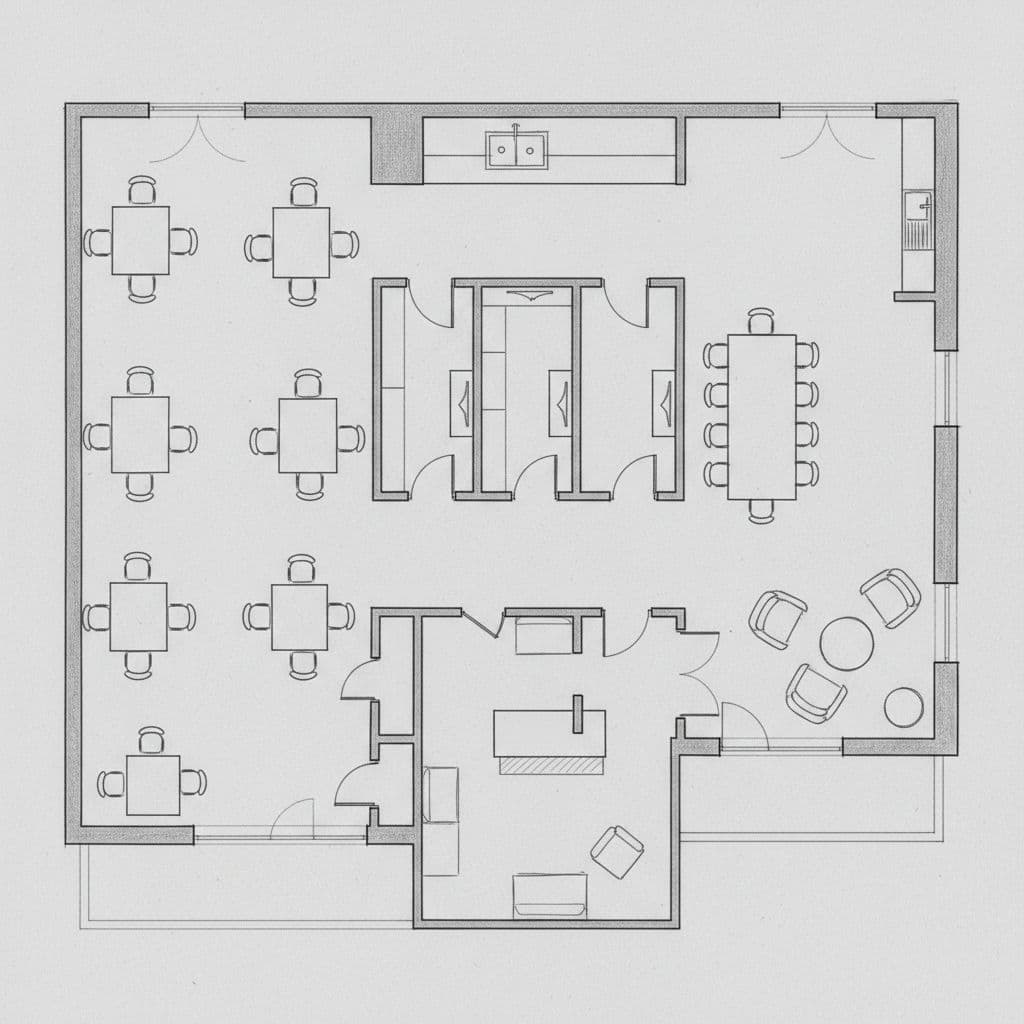 A graphite hand-drawn floor plan showing various open workstations and private offices on grey paper.
