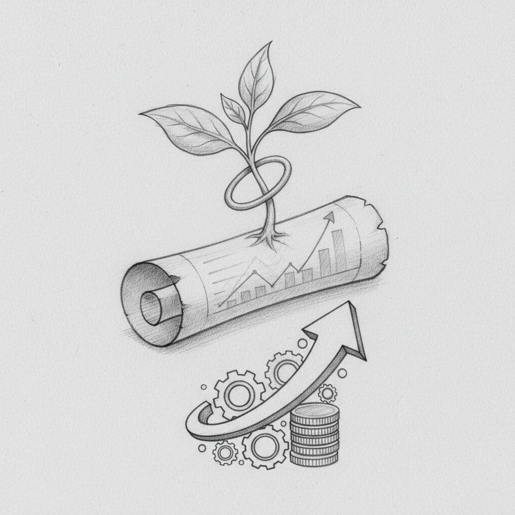 A graphite pencil sketch shows a small green plant sprouting from a financial document.