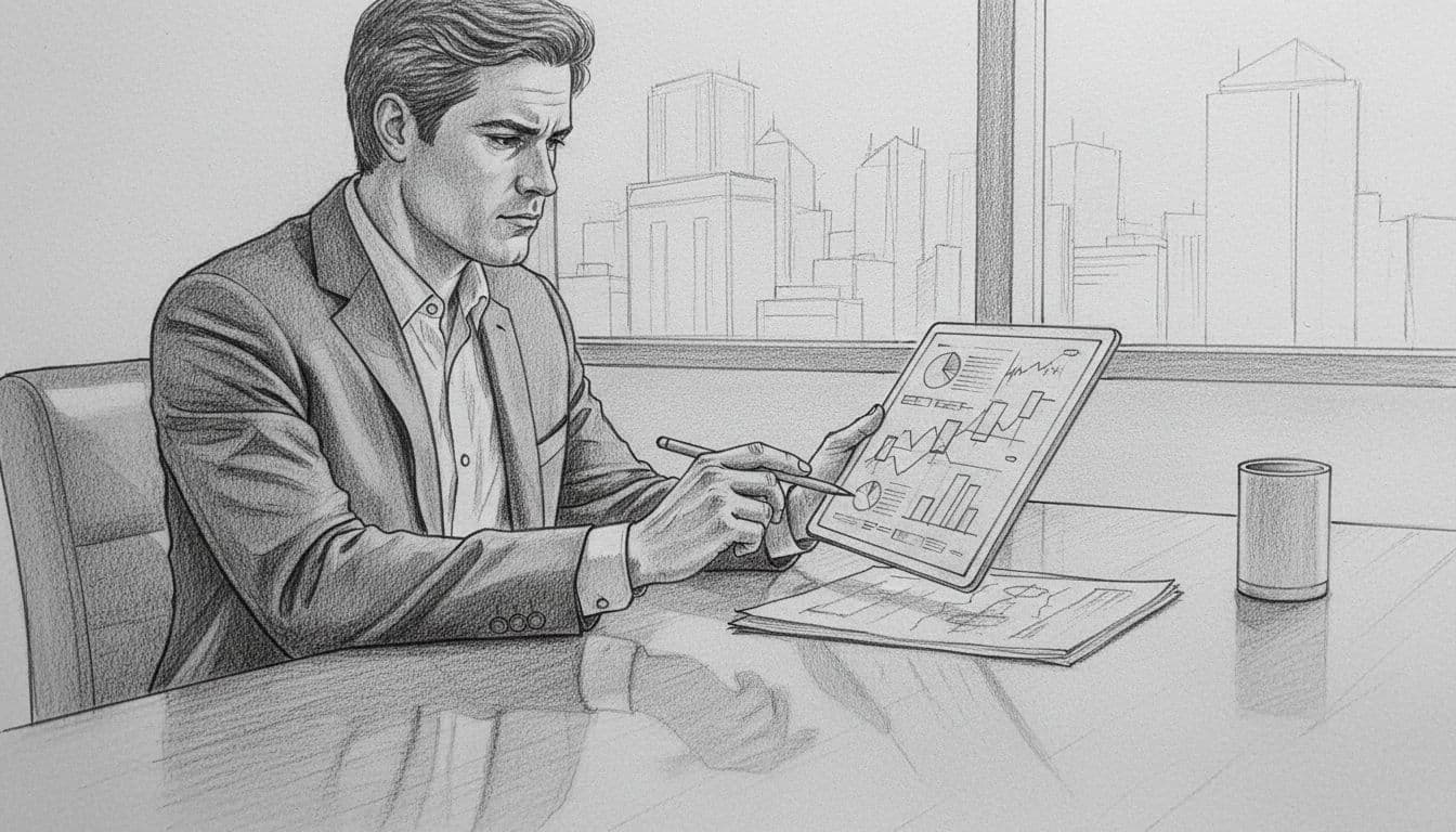 A graphite sketch of an individual focused on tablet screen data at a desk.