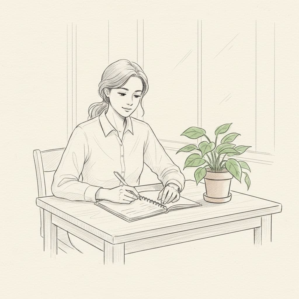 A graphite sketch of a person sitting at a desk with an open notebook and a small plant.