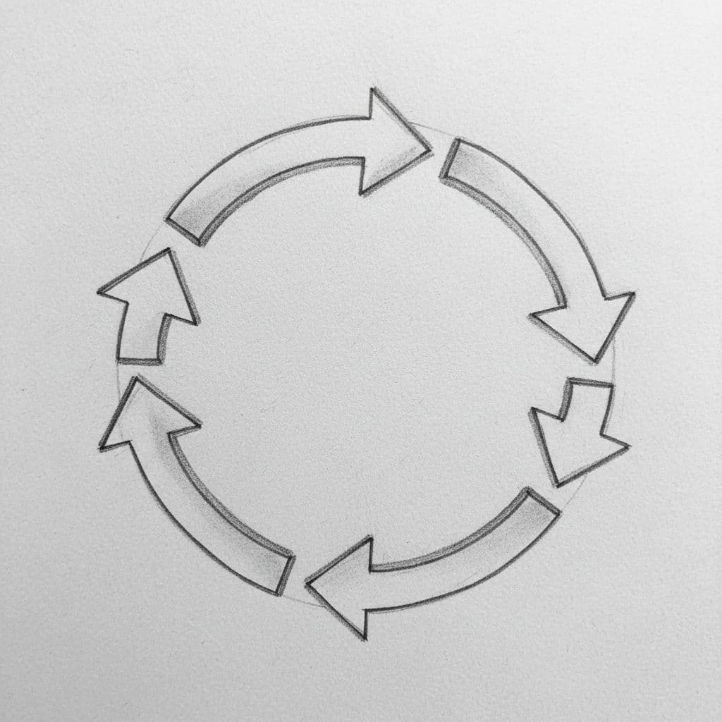 A hand-drawn graphite sketch on gray paper displays a circular diagram of interconnected arrows.