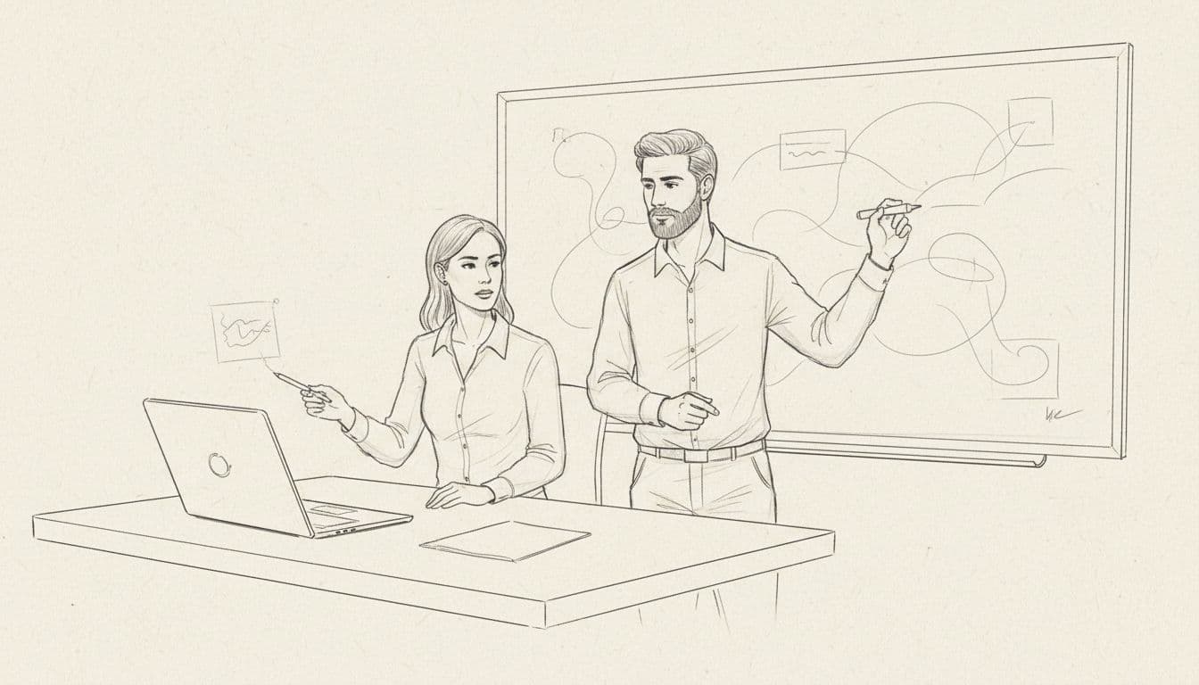 Two professionals work together at a minimalist desk using a laptop and a whiteboard.