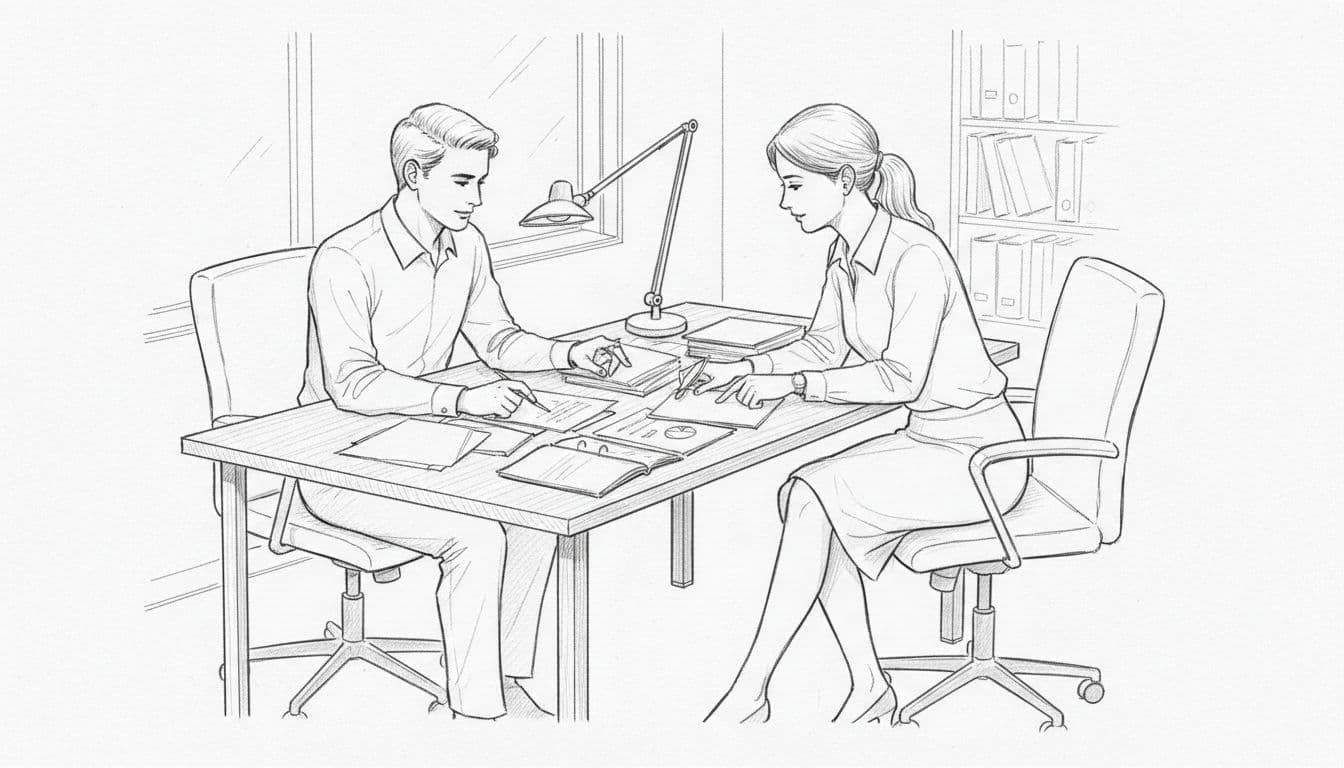A graphite sketch showing two people sitting at a single desk reviewing professional documents together.