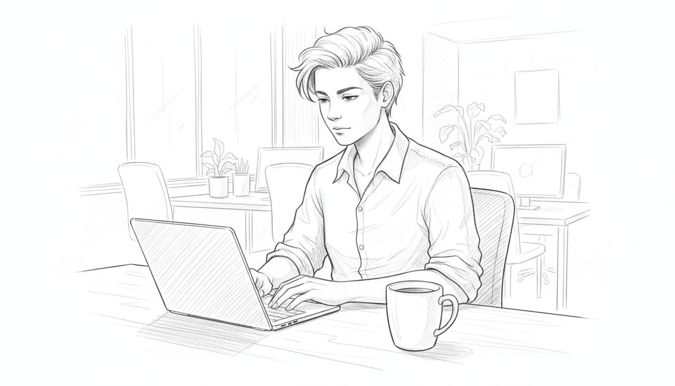 A graphite sketch depicts a young adult focused on a laptop screen while sitting at a clean desk. A coffee mug sits nearby, rendered with soft shading on textured white paper.