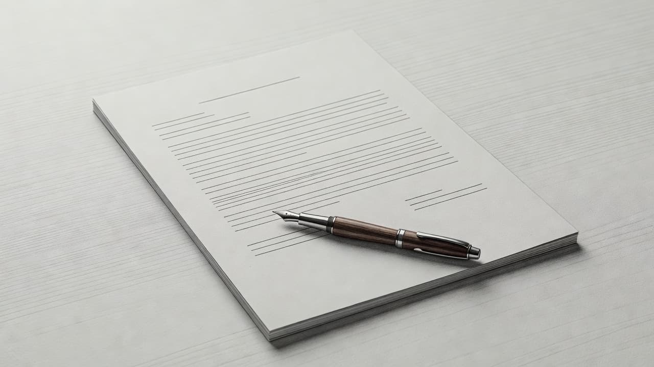Un elegante schizzo a matita di un contratto commerciale riposa su un foglio grigio chiaro. Una penna stilografica sottile è appoggiata sul documento, evocando un senso di formalità e precisione professionale.