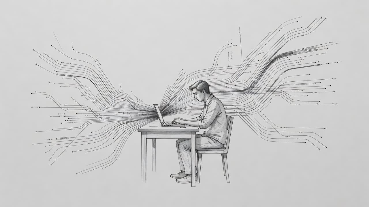 A graphite sketch depicts an individual focused at a laptop while translucent data streams flow into the surrounding workspace. The detailed shading creates depth against the textured light gray background.