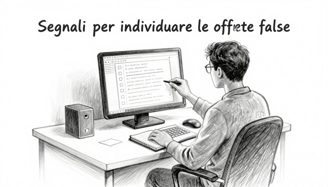 A graphite sketch depicts an individual hunched over a desk, peering at a computer monitor and notebook. Soft pencil shading highlights the person searching through questionable online job postings and data.