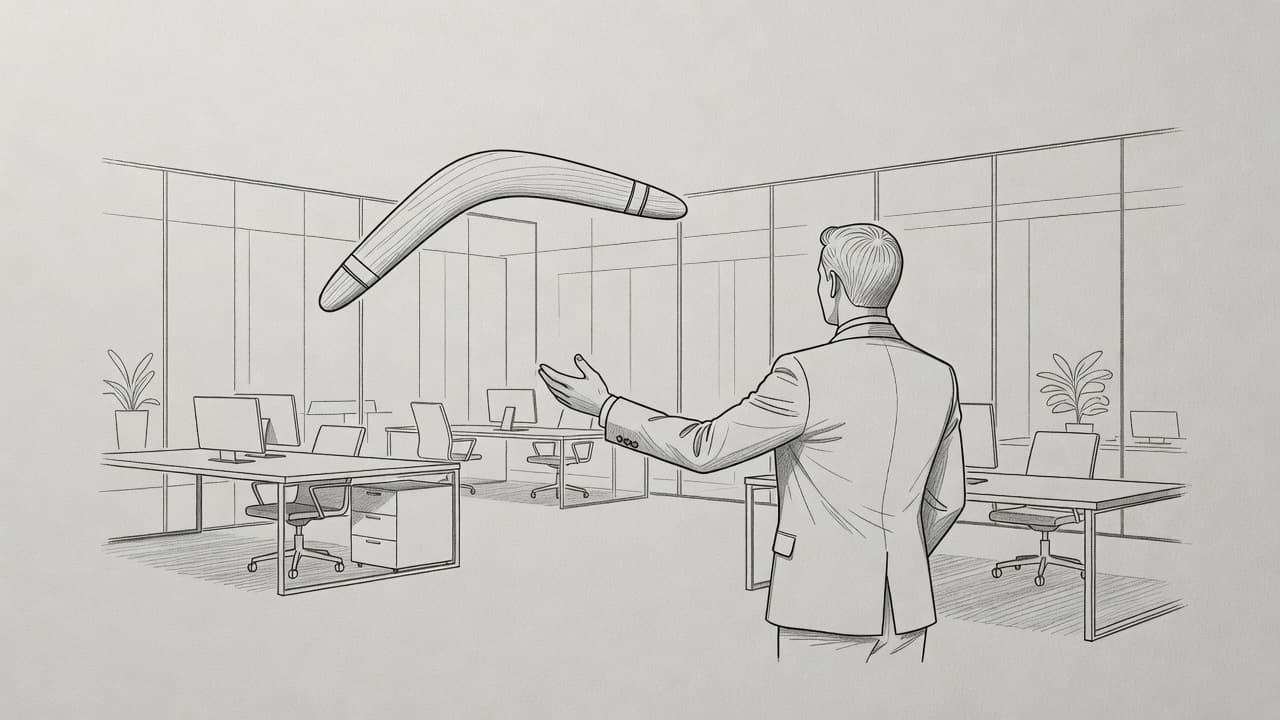 A graphite drawing on gray paper depicts a stylized boomerang flying back toward a professional figure. The scene combines minimalist line work with gentle shading to evoke a sense of professional movement.
