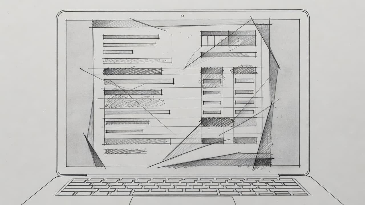Un disegno a matita grafite raffigura lo schermo di un computer portatile con un documento astratto che rappresenta una busta paga. I tratti leggeri su sfondo grigio richiamano uno schizzo tecnico.