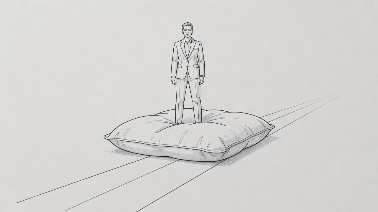 A graphite drawing depicts a business professional standing firmly on a thick, cloud-like platform suspended over a winding path. The artistic style uses clean lines and soft shading on gray paper.