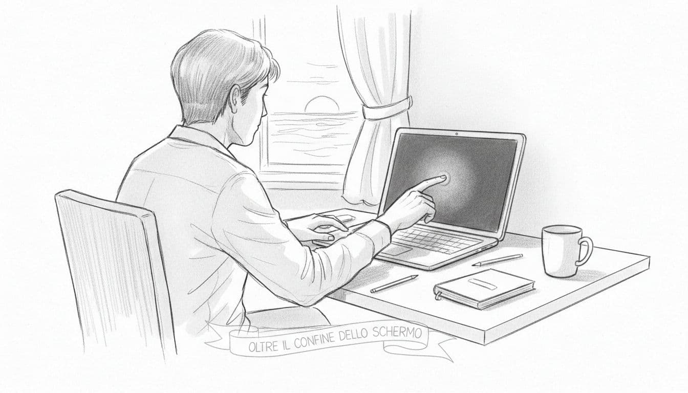 A detailed graphite sketch depicts a person sitting at a desk while closing their laptop lid. Soft pencil shading defines the hands and keyboard area against a stark, clean paper background.