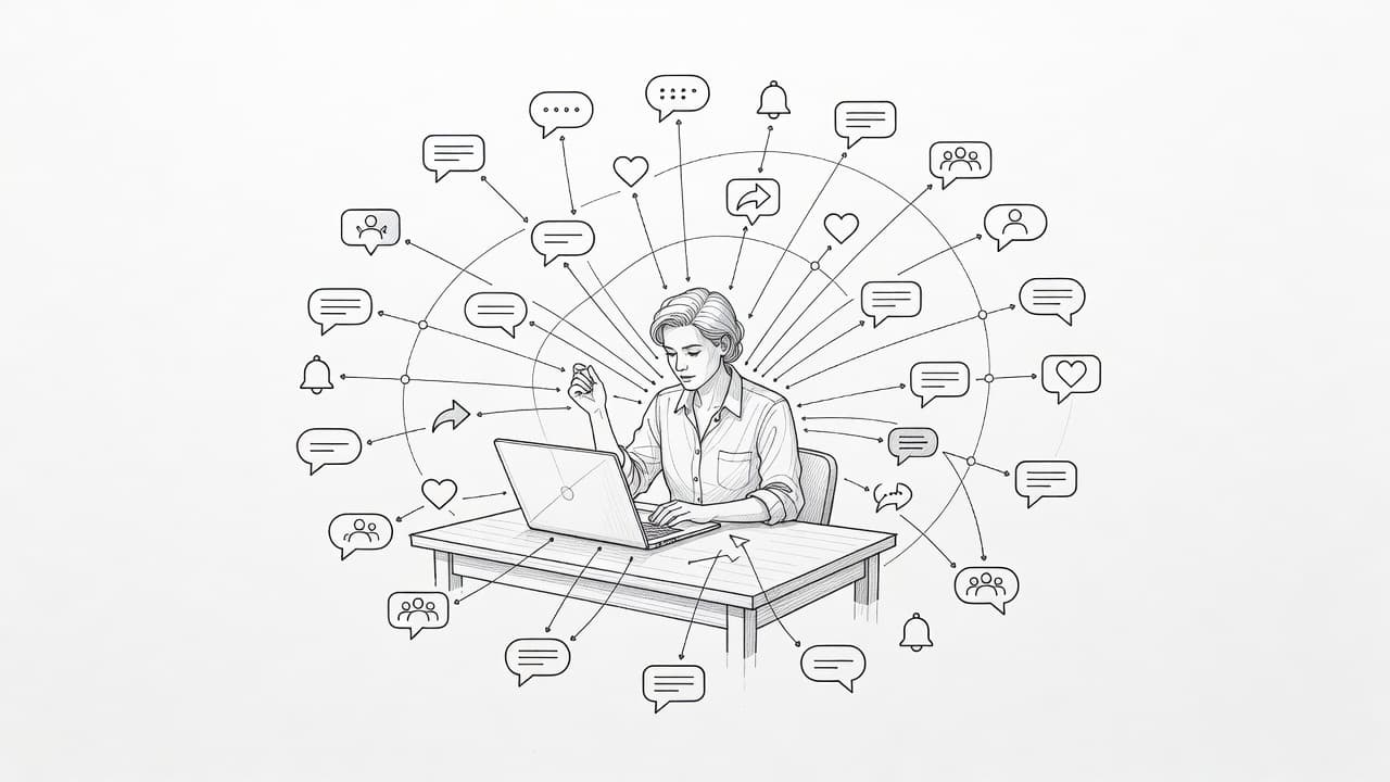 A graphite sketch depicts a person at a desk using a laptop, surrounded by floating social icons and chat bubbles. Fine lines visually link the user to these digital communication symbols.