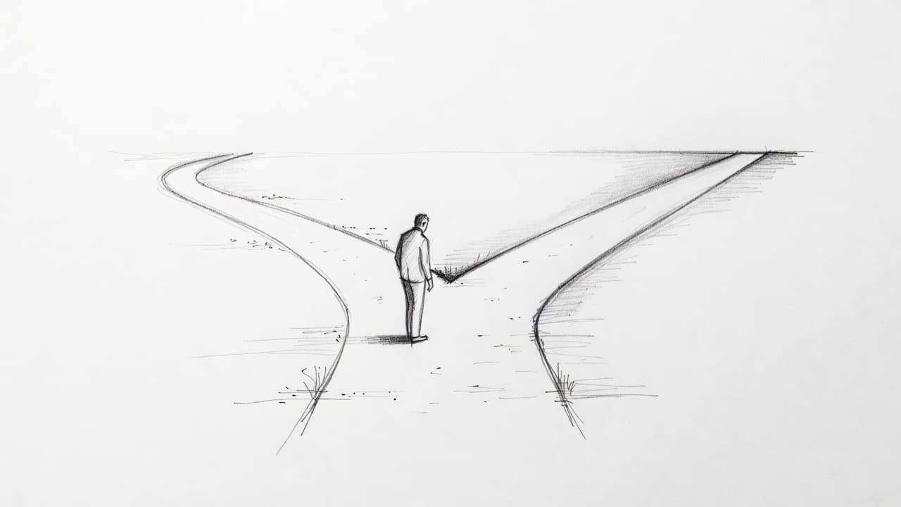 A minimalist hand-drawn graphite illustration displays a lone figure standing before a path that splits into two separate directions. The stark white background emphasizes the clean linework and soft shading.
