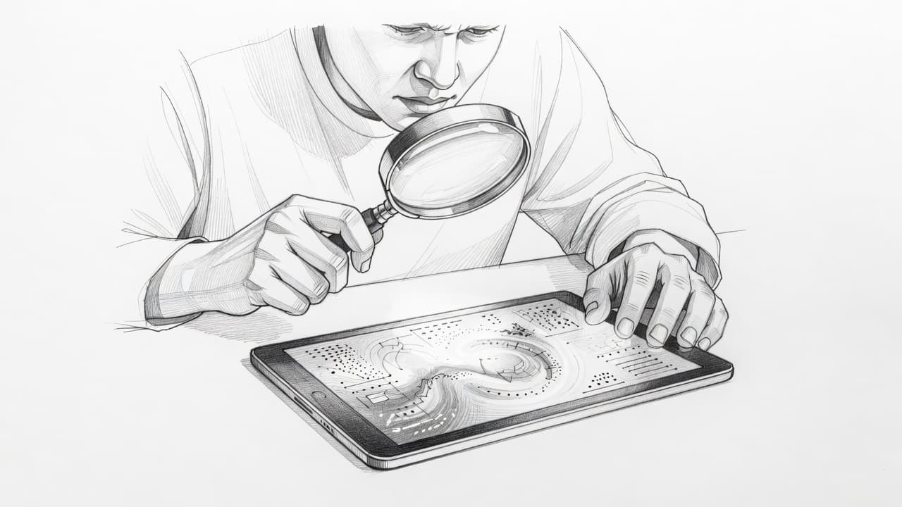 A detailed graphite sketch depicts a person examining a digital screen through a large magnifying glass. The clean white background emphasizes the precise shading and focused posture of the curious figure.