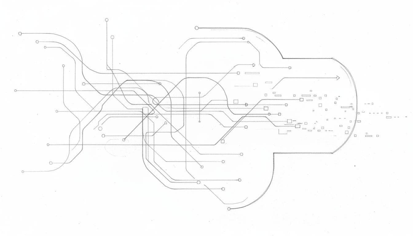A delicate composition of intersecting gray graphite lines and faint digital patterns across a white paper surface. The artwork features soft shading transitions to represent complex, ethereal network connectivity.