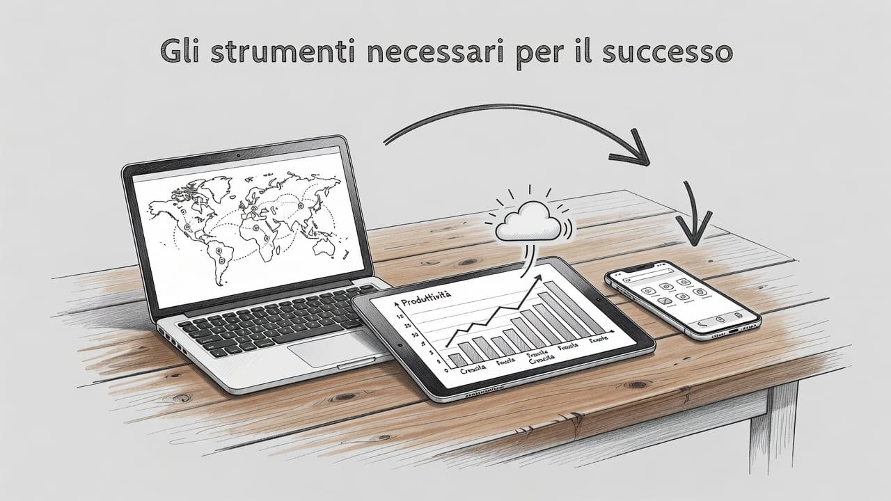 A graphite pencil sketch on light gray paper displays a laptop, smartphone, and tablet arranged neatly on a wooden table. Soft shading defines the clean lines of this modern workspace setup.