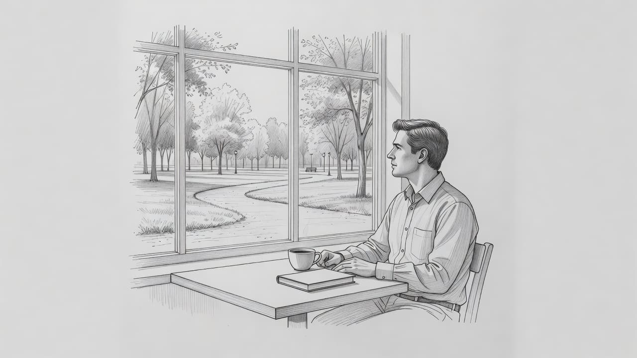 Un disegno a matita raffigura una persona seduta in un bar davanti a una finestra che guarda verso un parco, con un libro chiuso e una tazza di caffè appoggiati sul tavolo.