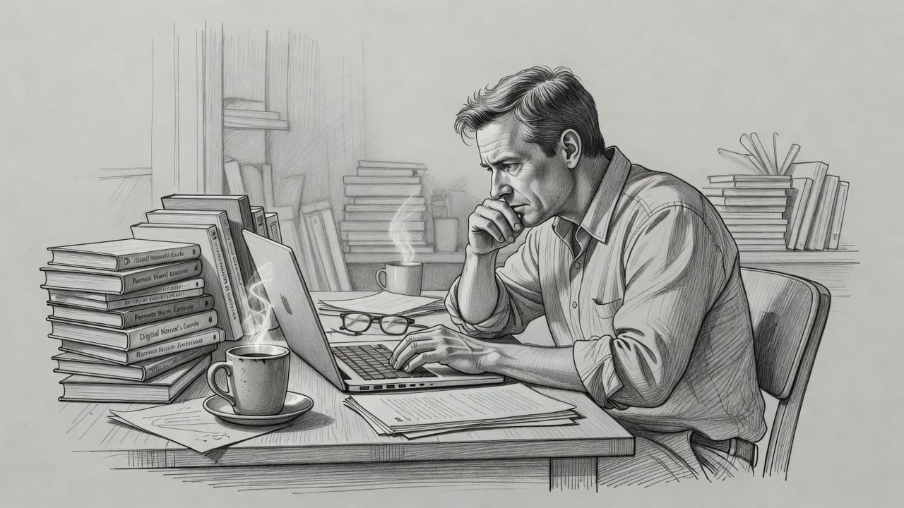 A detailed graphite drawing on gray paper features a professional typing on a laptop at a desk. Stacked books and a steaming coffee mug sit nearby, rendered with soft charcoal shading.