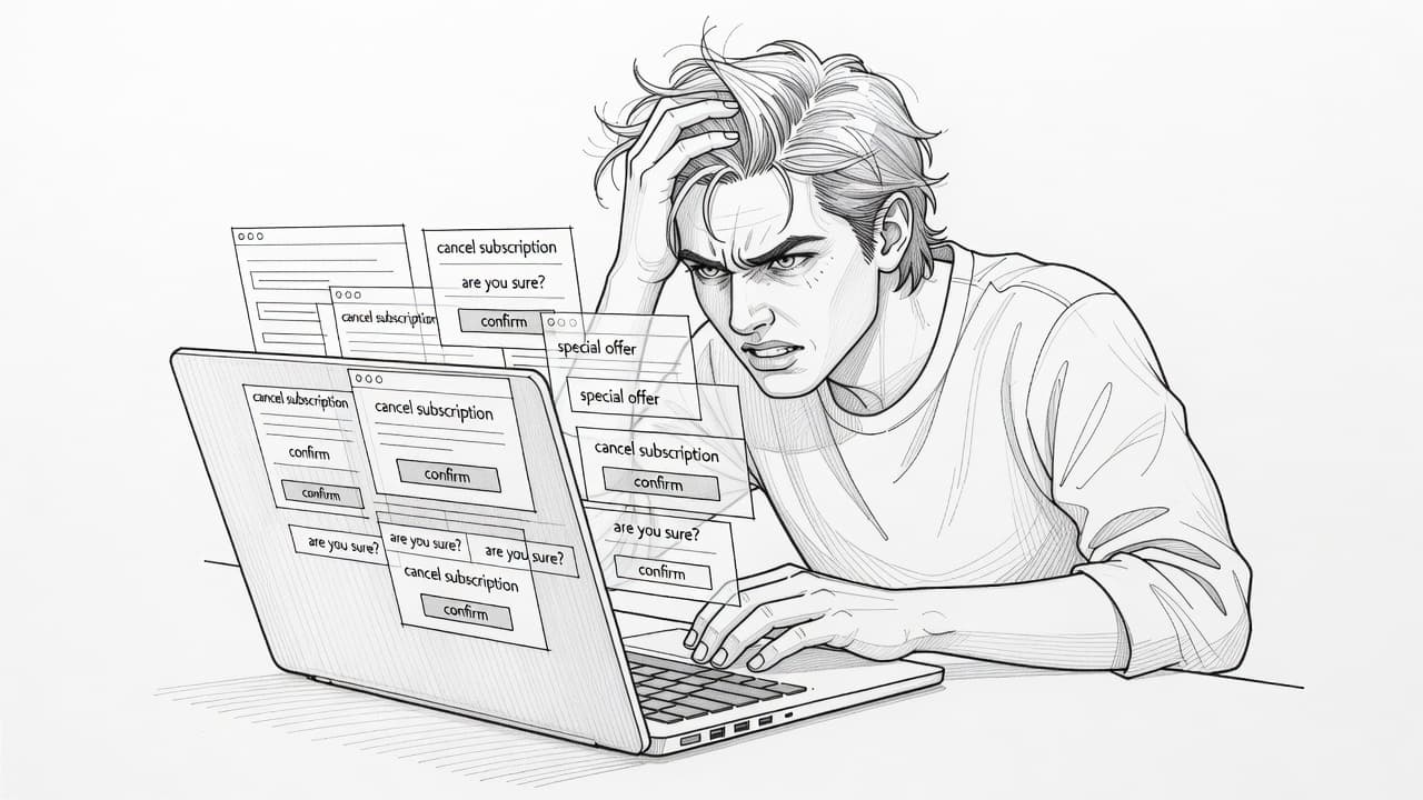 A graphite pencil sketch depicts a person hunched over a laptop with a distressed expression. The screen displays complex overlapping shapes that obscure a singular, hard-to-find cancellation button icon.