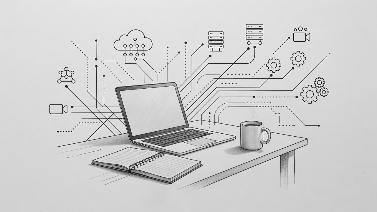 A detailed graphite drawing depicts a laptop, notebook, and mug resting on a desk. Intricate geometric lines extend from the surface to illustrate interconnected cloud computing and digital collaboration tools.