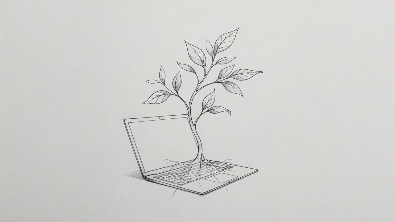 A detailed graphite drawing on light gray paper shows a delicate green sprout emerging from the keyboard of an open laptop. Soft shading emphasizes the blending of technology and natural growth.