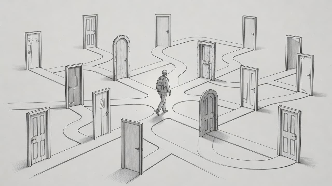 A graphite drawing on gray paper depicts a solitary figure standing before multiple open doorways. Precise linework and soft shading emphasize the various choices available within the modern digital economy.