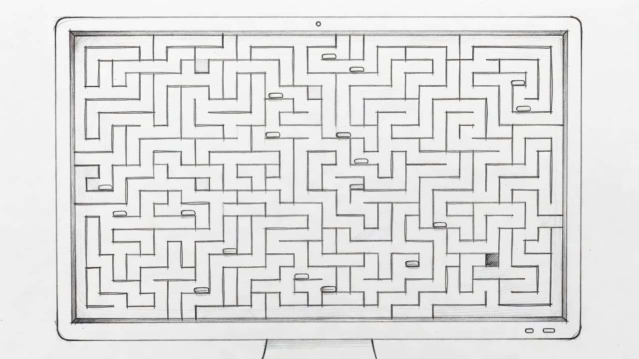 A detailed pencil drawing depicts a complex digital maze displayed on a screen, featuring intricate winding paths and concealed buttons. The light shading contrasts sharply against the clean white paper background.