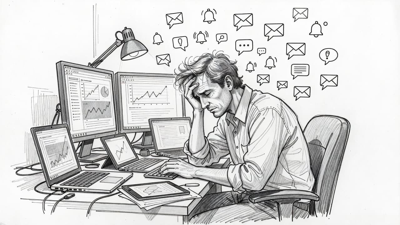 A graphite sketch showing a tired professional slumped at a cluttered desk. Multiple translucent screens with floating notification icons hover around the figure, illustrating the suffocating weight of modern digital pressure.