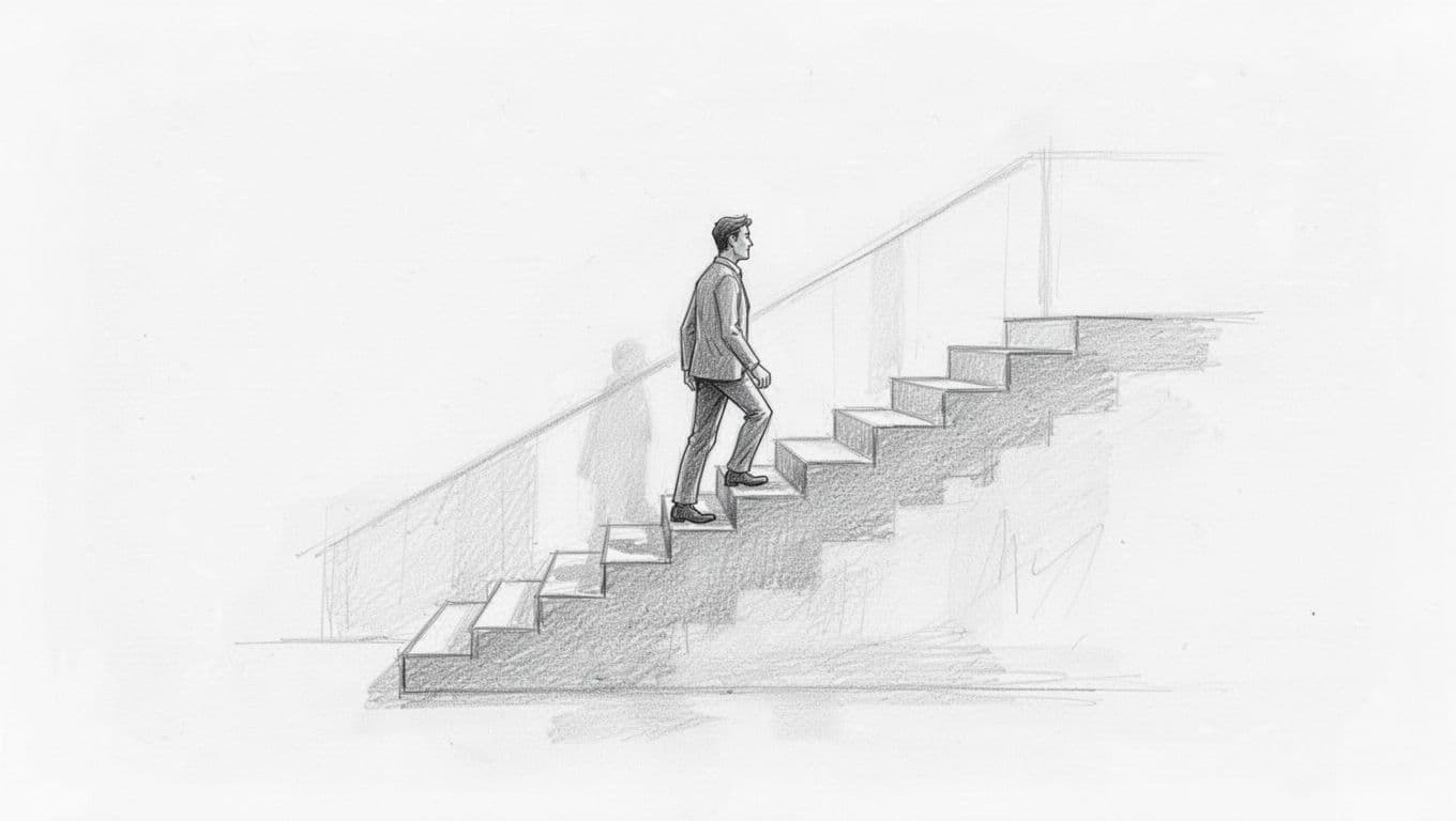 A detailed graphite drawing depicts a stylized figure climbing upward along distinct steps. These sequential levels suggest a steady path of self-improvement set against a simple and clean white background.