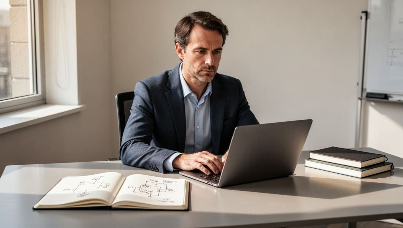 A grayscale graphite drawing shows a professional focused on a laptop screen amidst scattered diagrams and notebooks. The artist uses soft shading to illustrate an environment dedicated to academic self-improvement.