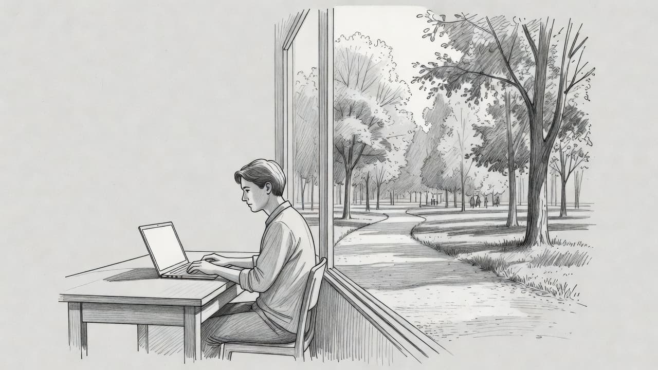 A graphite drawing depicts a person seated at a minimalist desk facing a large window overlooking a park. The clean lines and soft shading emphasize a quiet moment of professional disconnection.