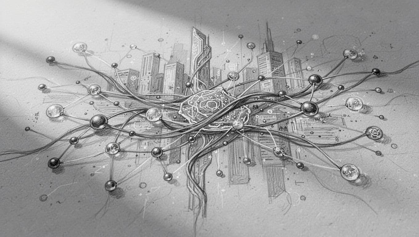 A hand-drawn graphite sketch on light gray paper depicting abstract representations of technology trends, such as digital network nodes, flowing data lines, and subtle shapes suggesting artificial intelligence architecture. The style is clean graphite linework with light shading, on a light background, no text, no people.