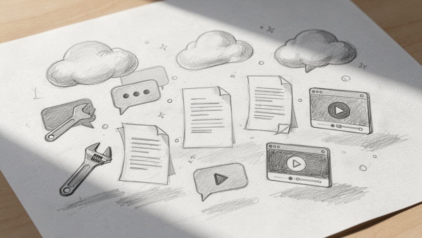 Una collezione di icone di strumenti digitali disegnate a mano con una matita di grafite su carta. Le figure includono nuvole, chat e documenti disposti ordinatamente su uno sfondo bianco candido.