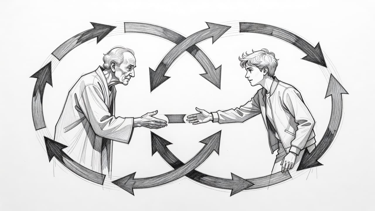 Two stylized human figures face one another against a clean white background. Bold circular arrows flow between them, illustrating a continuous loop of shared information and mutual learning between the generations.