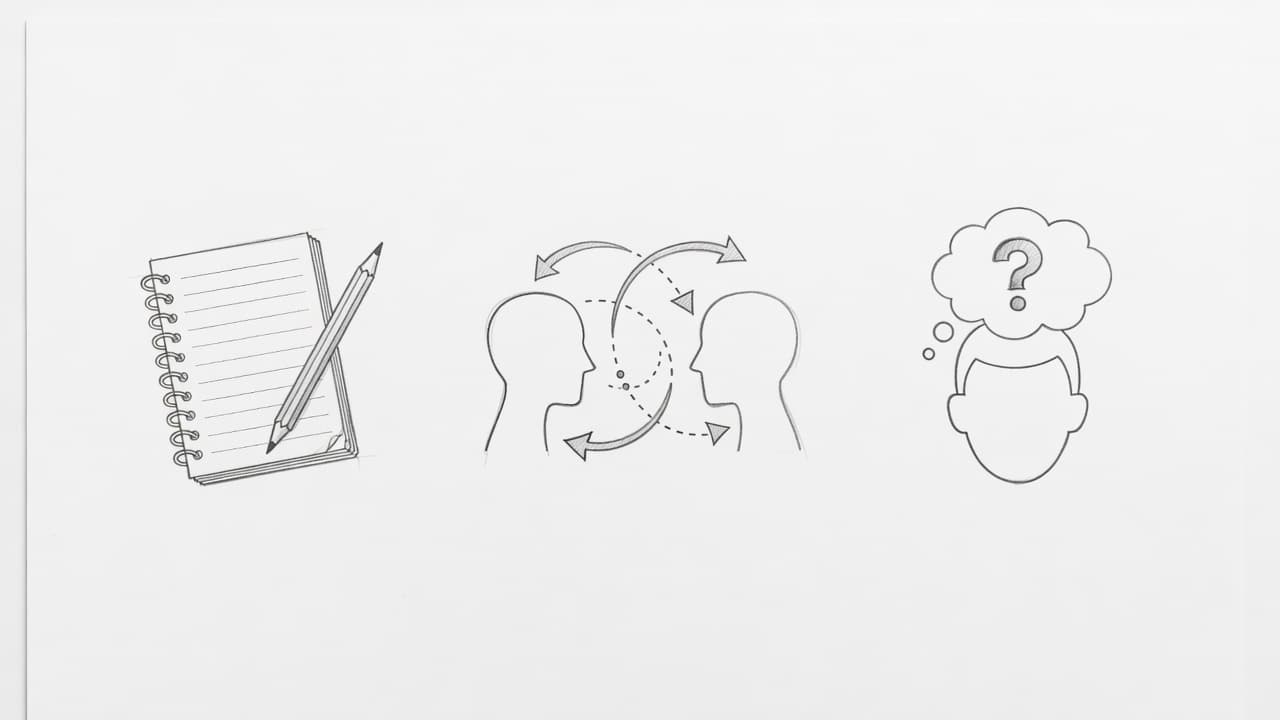 Three graphite sketches on white paper represent professional growth pillars. The icons illustrate task management, interpersonal connections, and individual mindset, using clean, hand-drawn linework with soft, subtle shading for depth.