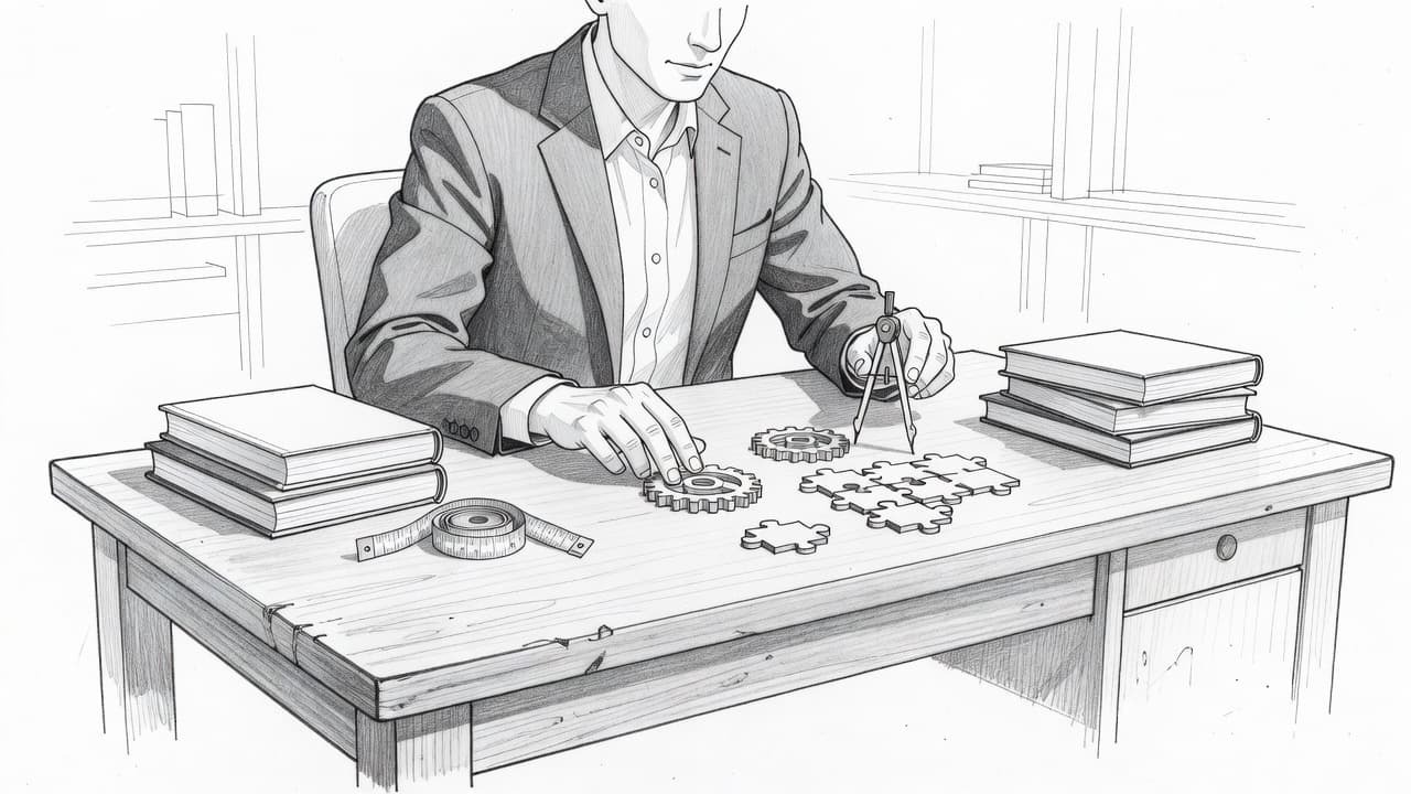 A detailed graphite sketch displays a professional person meticulously rearranging work tools on their desk. The artist uses soft shading and delicate linework to emphasize the process of manual workspace customization.
