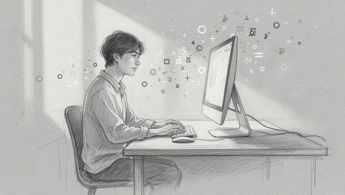 Uno schizzo a matita mostra una figura seduta a una scrivania minimalista con un computer. Simboli digitali stilizzati fluttuano attorno alla persona, creando un contrasto artistico sullo sfondo in carta grigia.